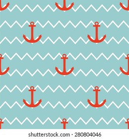 Tile sailor vector pattern with red anchor on white and mint green stripes background for summer decoration wallpaper