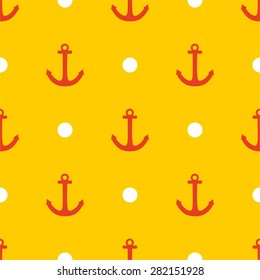 Tile sailor vector pattern with red anchor and white polka dots on summer yellow background