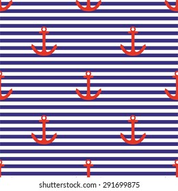 Tile sailor vector pattern with red anchor on navy blue and white stripes background