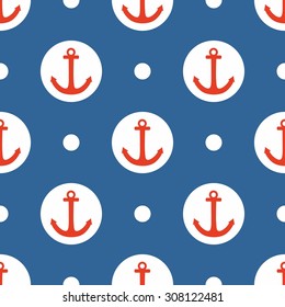 Tile sailor vector pattern with red anchor and white polka dots on navy blue background