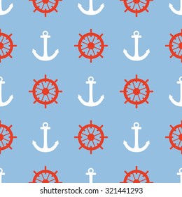 Tile sailor vector pattern with red rudder and white anchor on navy blue background