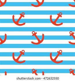 Tile sailor vector pattern with red anchor on navy blue and white stripes background