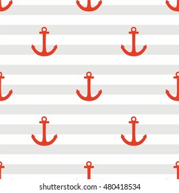Tile sailor vector pattern with red anchor on pastel grey and white stripes background