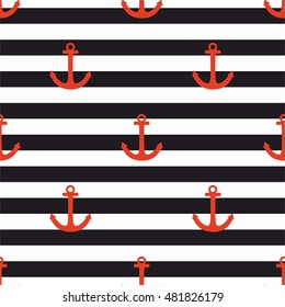 Tile sailor vector pattern with red anchor on black and white stripes background