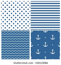 Tile sailor vector pattern set with white anchor, polka dots, zig zag and stripes on navy blue background