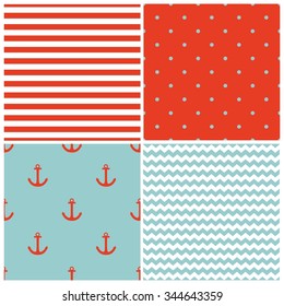 Tile sailor vector pattern set with anchor, polka dots, stripes and zig zag on pastel blue, white and red background