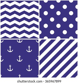 Tile sailor vector pattern set with white anchor, polka dots, zig zag and stripes on navy blue background