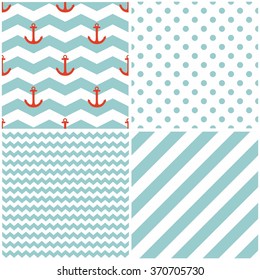 Tile sailor vector pattern set with white polka dots, zig zag and stripes on blue background
