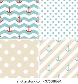 Tile sailor vector pattern set with anchor, polka dots, zig zag and stripes on white and pastel background
