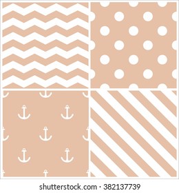 Tile sailor vector pattern set with white polka dots, zig zag and stripes on pastel background