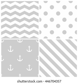 Tile sailor vector pattern set with grey polka dots, zig zag and stripes on white background