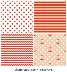 Tile sailor vector pattern set with anchor, polka dots and stripes on white and red background