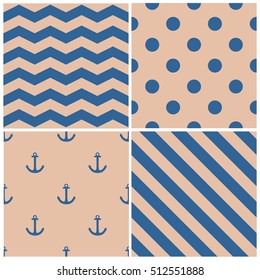 Tile sailor vector pattern set with white anchor, polka dots, zig zag and stripes on navy blue and pastel pink background