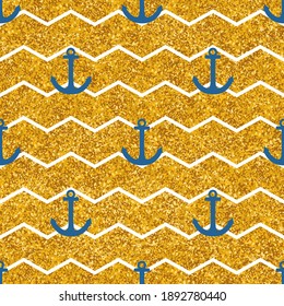 Tile sailor vector pattern with white stripes, gold background and blue anchor for seamless decoration wallpaper