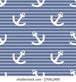 Tile sailor vector pattern with white anchor on navy blue stripes background