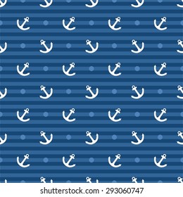 Tile sailor vector pattern with white anchor and polka dots on navy blue stripes background