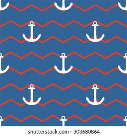 Tile sailor vector pattern with white anchor on red and blue stripes background