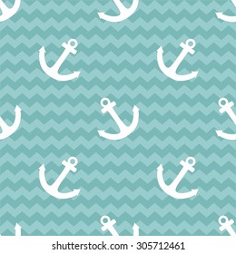 Tile sailor vector pattern with white anchor on blue stripes background