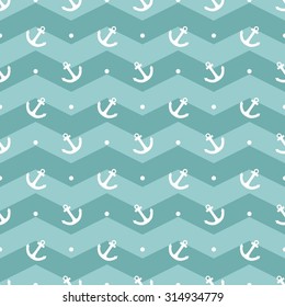 Tile sailor vector pattern with white anchor and polka dots on blue stripes background