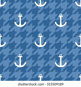 Tile sailor vector pattern with white anchor on navy blue houndstooth background