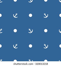 Tile sailor vector pattern with white anchor and polka dots on navy blue background
