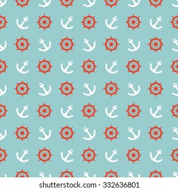 Tile sailor vector pattern with white anchor and red rudder on blue background