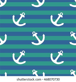 Tile sailor vector pattern with white anchor on navy blue and mint green stripes background