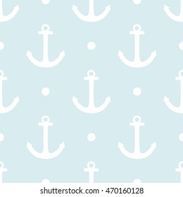 Tile sailor vector pattern with white polka dots and anchor on pastel blue background