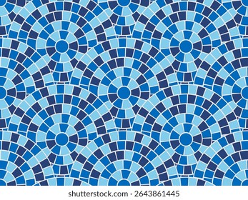 Padrão do mar azulejo azul grego mosaico textura fundo Roma Círculo romano fronteira. Ilustração de ornamento de piso de mármore étnico retrô. Design clássico de quadro radial de parede interior.