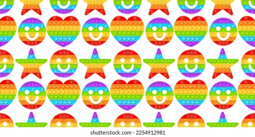 Tile seamless background with popit fidget toy.Naive pop it sensory toy.Fun background with 3d realistic antistress fidgeting toy.Vector wallpaper, backdrop with rainbow bubble pop it fidget.