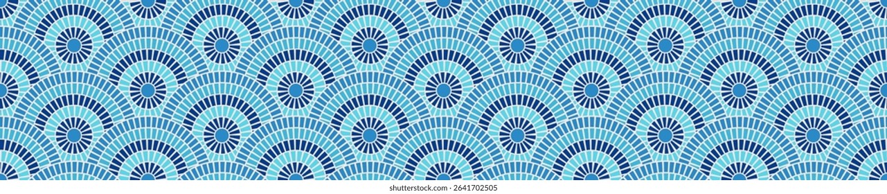 Tile seamless mosaic Greek pattern sea texture blue background Rome vector graphic. Mediterranean marble ornament floor architecture illustration. Circular wave border decor interior element.