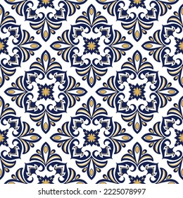 Tile seamless pattern design. With blue and yellow motifs. Vector illustration. 