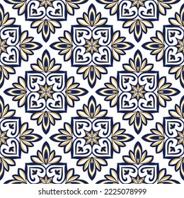 Tile seamless pattern design. With blue and yellow motifs. Vector illustration. 