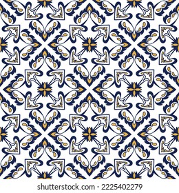 Tile seamless pattern design. With blue and yellow motifs. Vector illustration. 