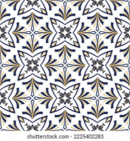 Tile seamless pattern design. With blue and yellow motifs. Vector illustration. 