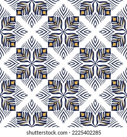 Tile seamless pattern design. With blue and yellow motifs. Vector illustration. 