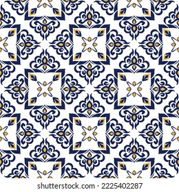 Tile seamless pattern design. With blue and yellow motifs. Vector illustration. 