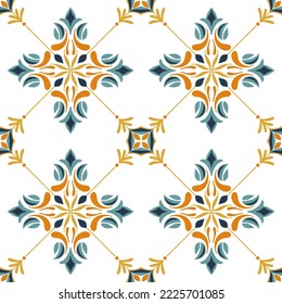 Tile seamless pattern design. With blue and yellow motifs. Vector illustration. 