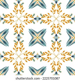 Tile seamless pattern design. With blue and yellow motifs. Vector illustration. 