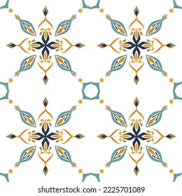 Tile seamless pattern design. With blue and yellow motifs. Vector illustration. 