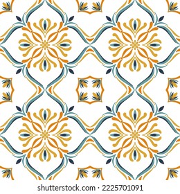 Tile seamless pattern design. With blue and yellow motifs. Vector illustration. 