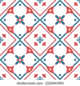 Tile seamless pattern design. With blue and red motifs. Vector illustration. 