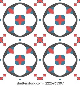 Tile seamless pattern design. With blue and red motifs. Vector illustration. 