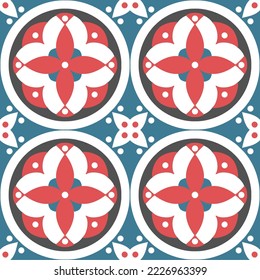 Tile seamless pattern design. With blue and red motifs. Vector illustration. 