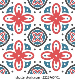 Tile seamless pattern design. With blue and red motifs. Vector illustration. 