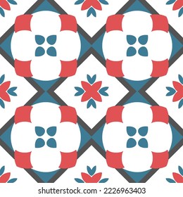 Tile seamless pattern design. With blue and red motifs. Vector illustration. 