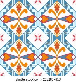 Tile seamless pattern design. With blue and red motifs. Vector illustration. 