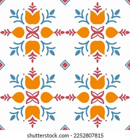 Tile seamless pattern design. With blue and red motifs. Vector illustration. 