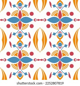 Tile seamless pattern design. With blue and red motifs. Vector illustration. 