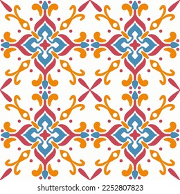 Tile seamless pattern design. With blue and red motifs. Vector illustration. 